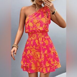 Floral One-Shoulder Pink Dress